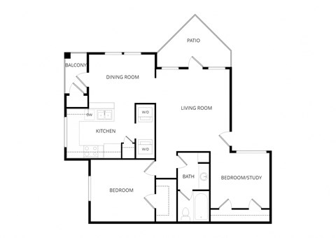 Floor plan for 1 bed, 1 bath, 807 sqft